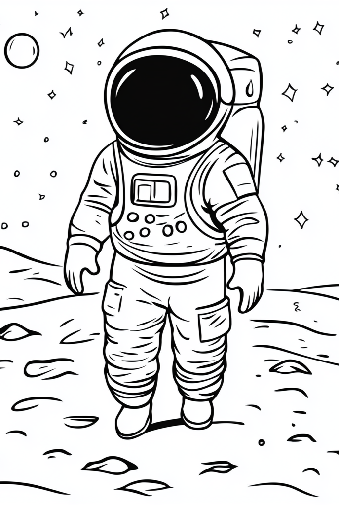 Ilustración de un astronauta caminando por la luna. Ideal para colorear