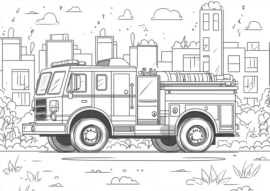 Ilustración de un camión de bomberos con la ciudad de fondo para colorear