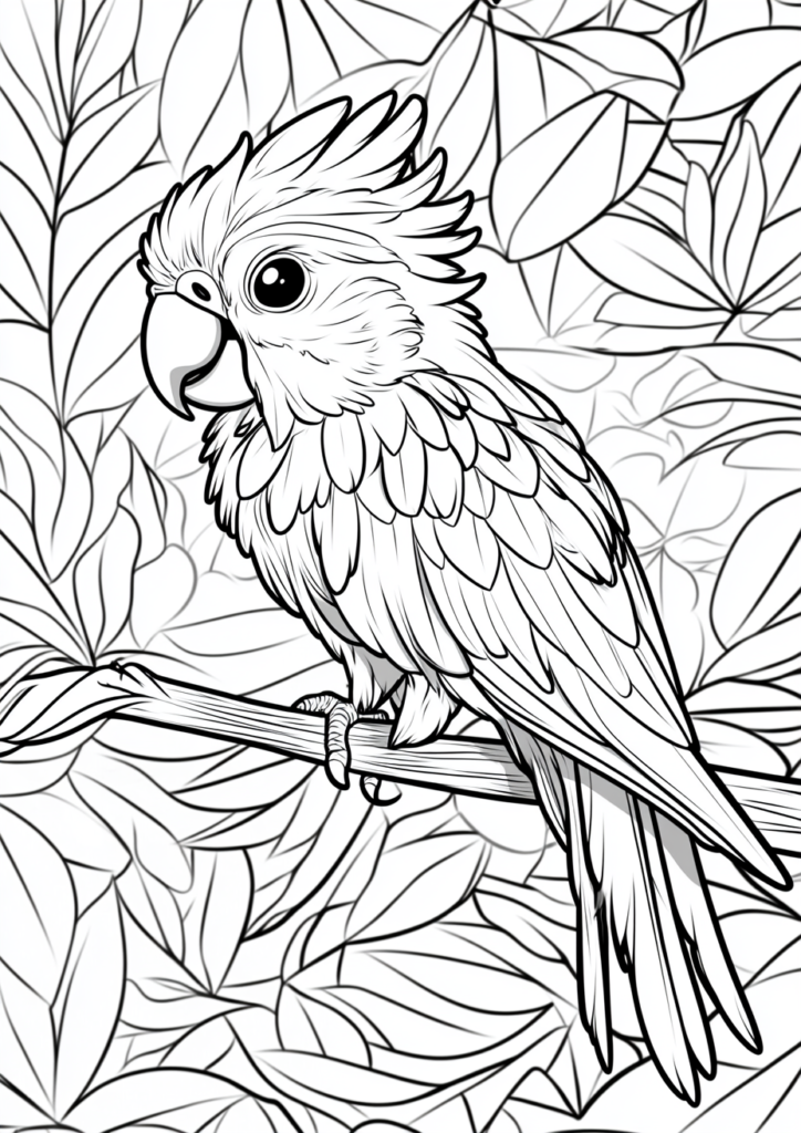 Dibujo para colorear de un loro adorable en la selva