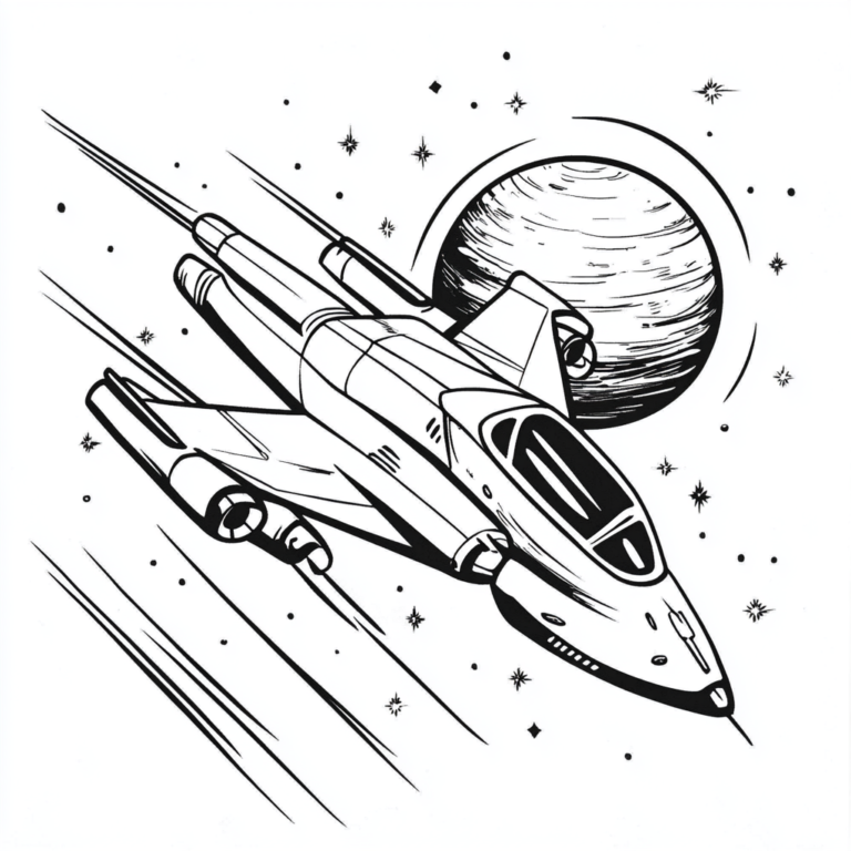 Dibujo de una nave navegando por el espacio con un planeta en el fondo