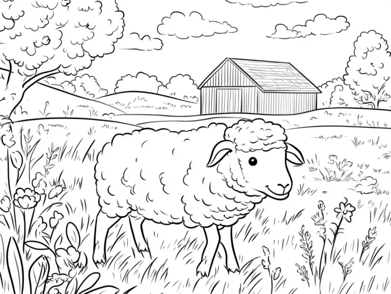 Dibujo para colorear de una oveja caminando por la granja