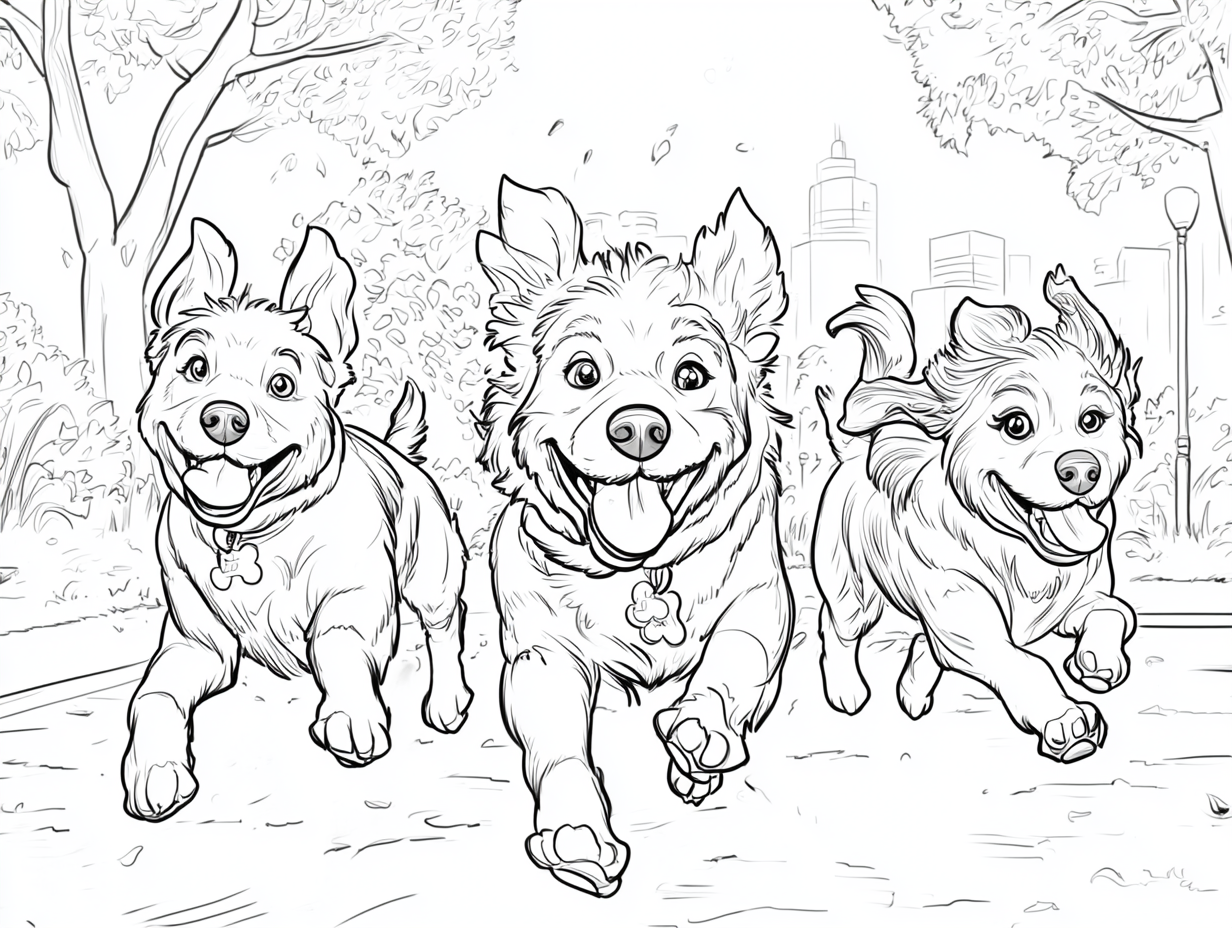 Dibujo de perros para colorear, corriendo en el parque