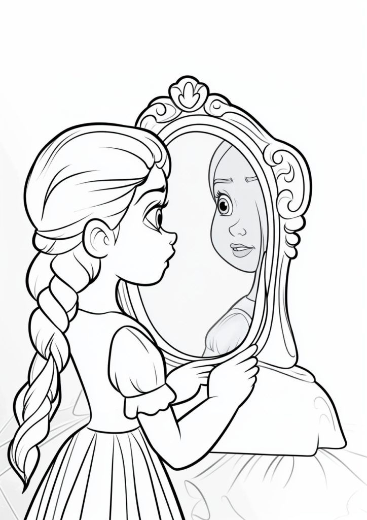 Dibujo para colorear de una princesa mirándose al espejo