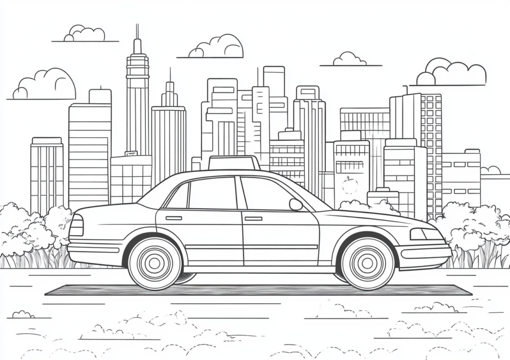 Dibujo de un taxi en la ciudad para colorear