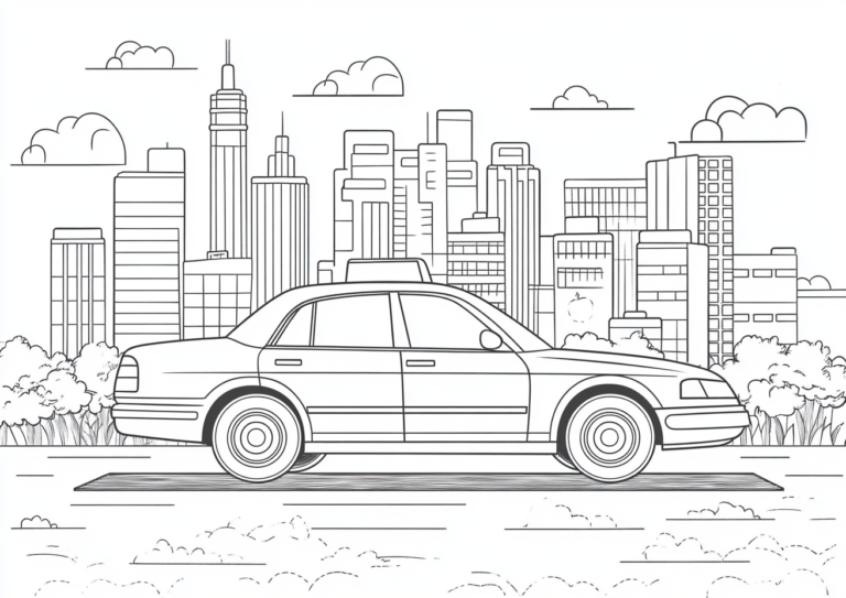 Dibujo de un taxi en la ciudad para colorear