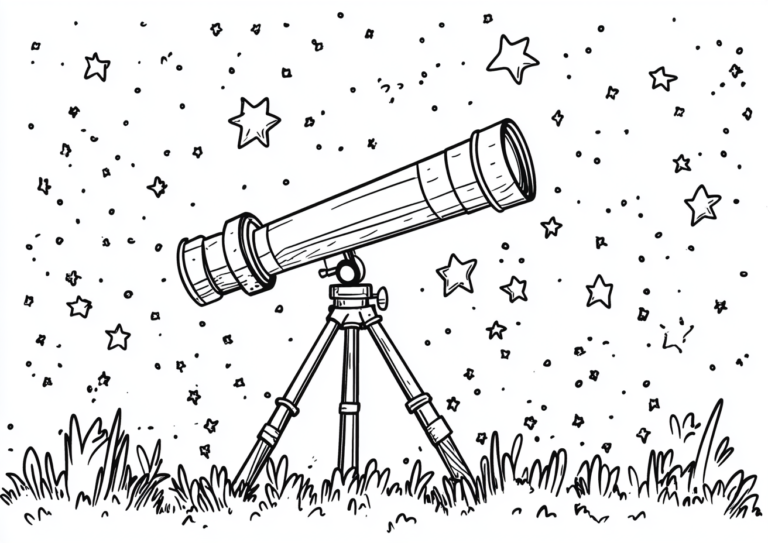 Dibujo para niños de un telescopio y con muchas estrellas