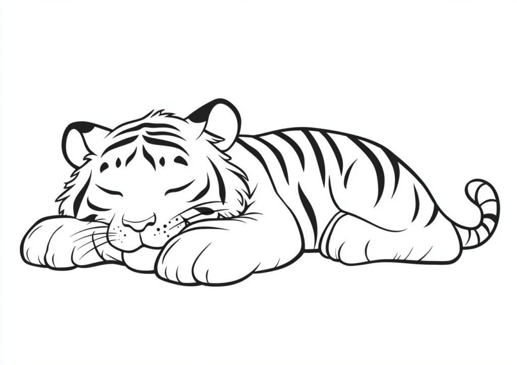 Dibujo de un tigre acostado durmiendo para colorear