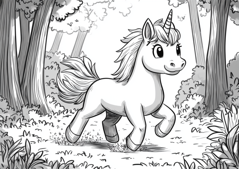 Dibujo de un unicornio en el bosque para colorear