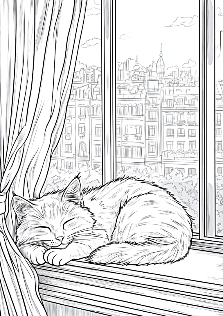 Dibujo para colorear de un gato durmiendo en la ventana