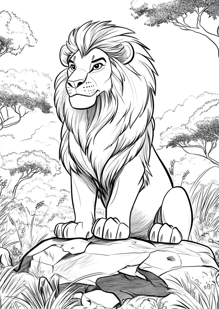 Dibujo para colorear de un león sentado en la sabana