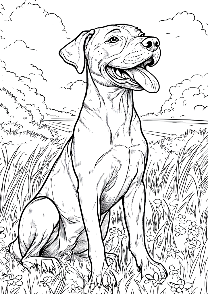 Dibujo para colorear de un perro en el campo