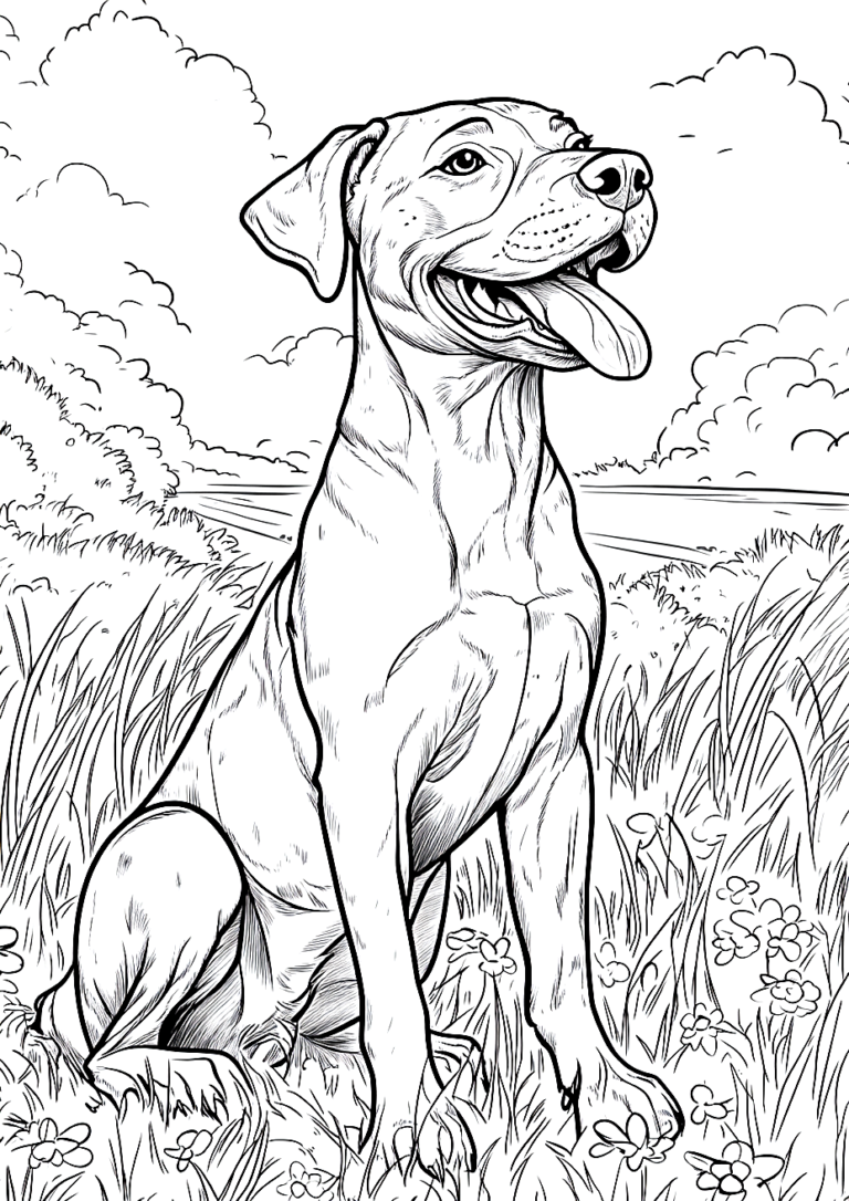 Dibujo para colorear de un perro en el campo