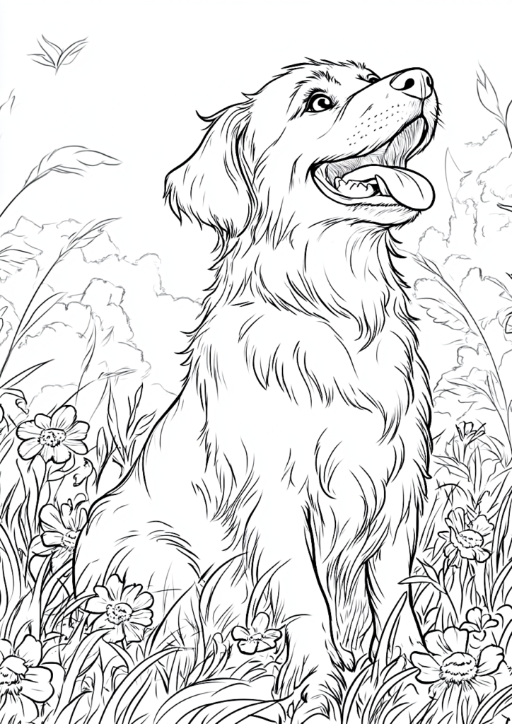 Dibujo de un perro en el campo para descargar y colorear