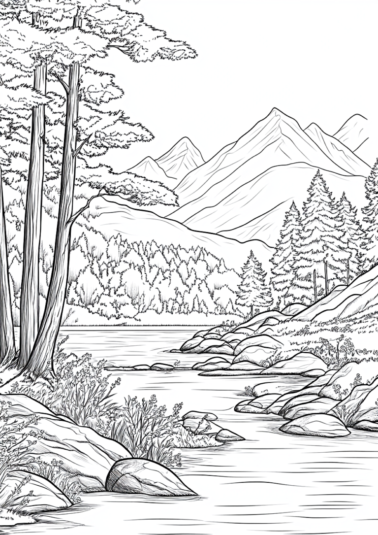 Dibujo para colorear de un río entre las montañas