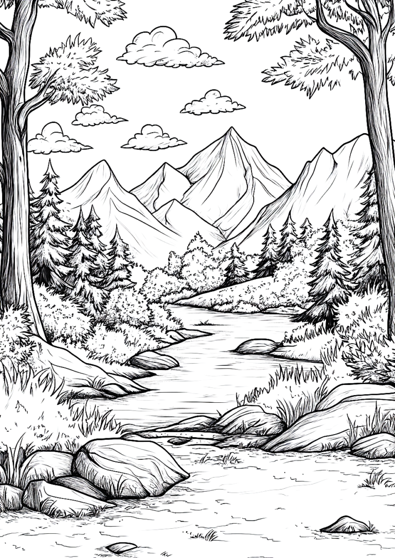 Dibujo para colorear de un río en el bosque