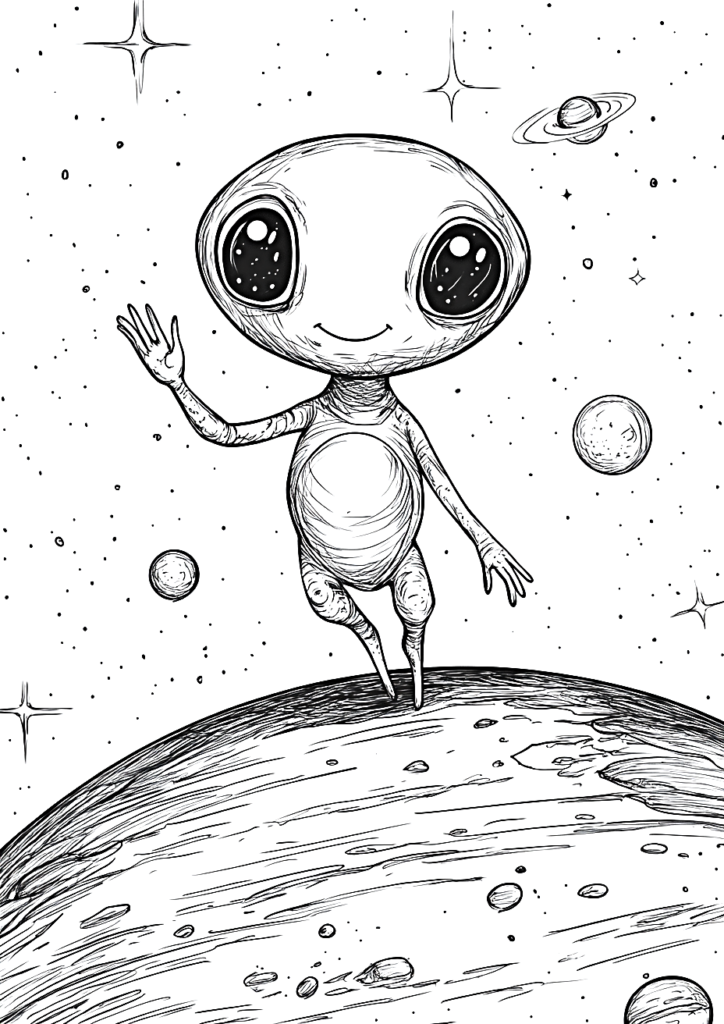 Dibujo de un simpático alien saludando para colorear