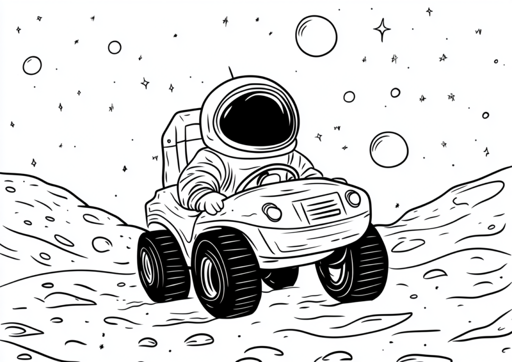 Dibujo para colorear de un astronauta conduciendo un coche espacial