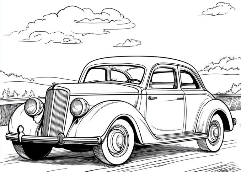 Dibujo para descargar y colorear de un coche clásico en la carretera