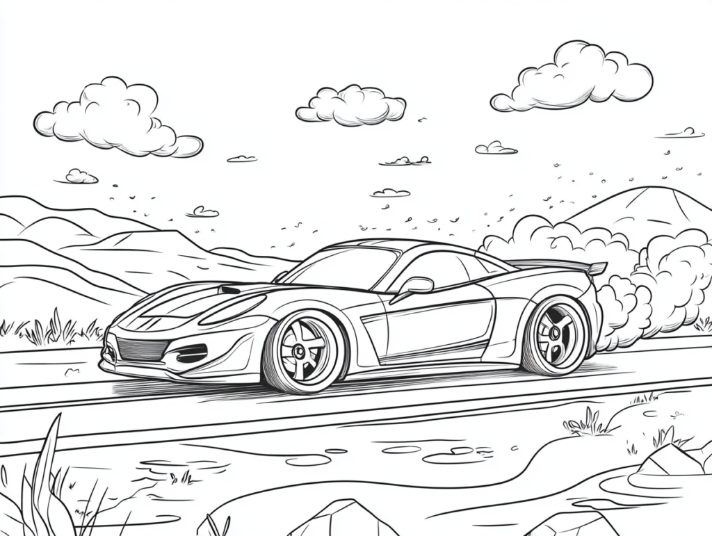Dibujo para colorear de un coche deportivo conduciendo por el campo