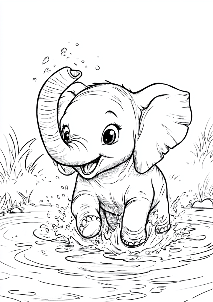 Dibujo para colorear de un elefante bebé jugando