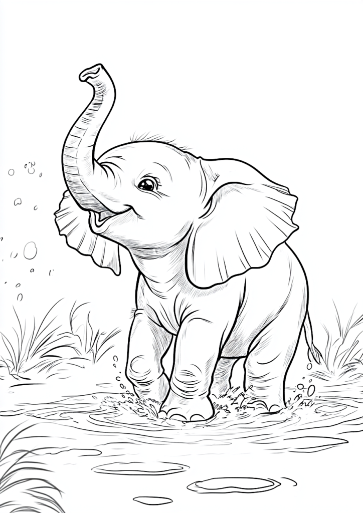 Dibujo para colorear de un elefante pequeño en el agua