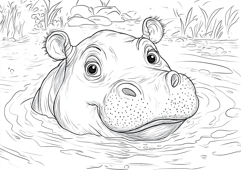 Dibujo para colorear de hipopótamo bañándose