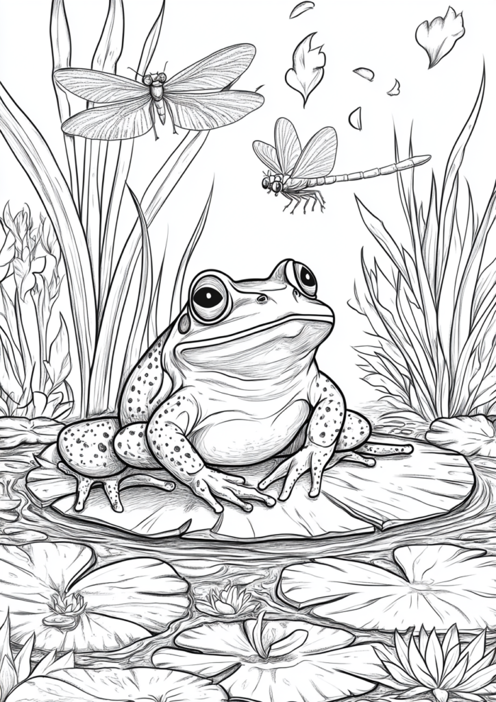 Dibujo para descargar y colorear de un sapo en un estanque con insectos
