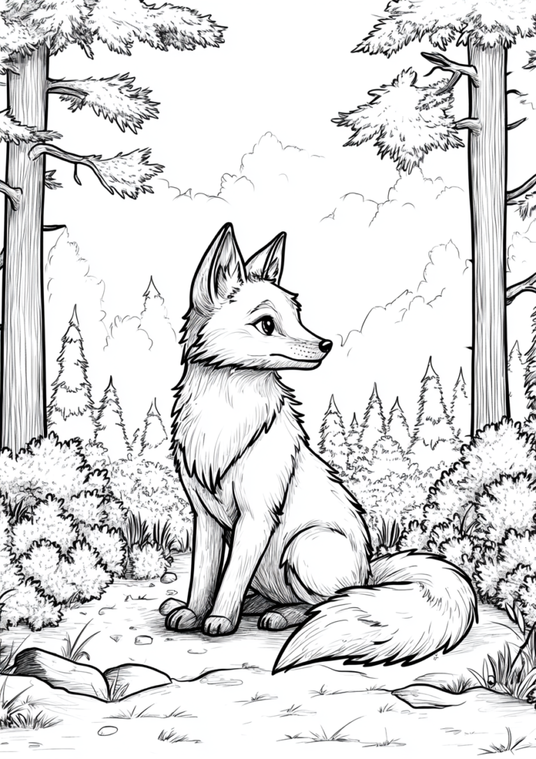 Dibujo para colorear de un zorro en el bosque