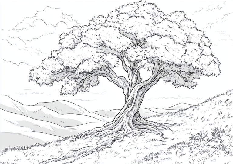 Dibujo para colorear de un frondoso árbol en una colina