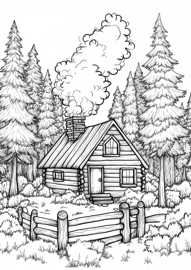 Dibujo para colorear de una casa en el campo con árboles y humo saliendo por la chimenea