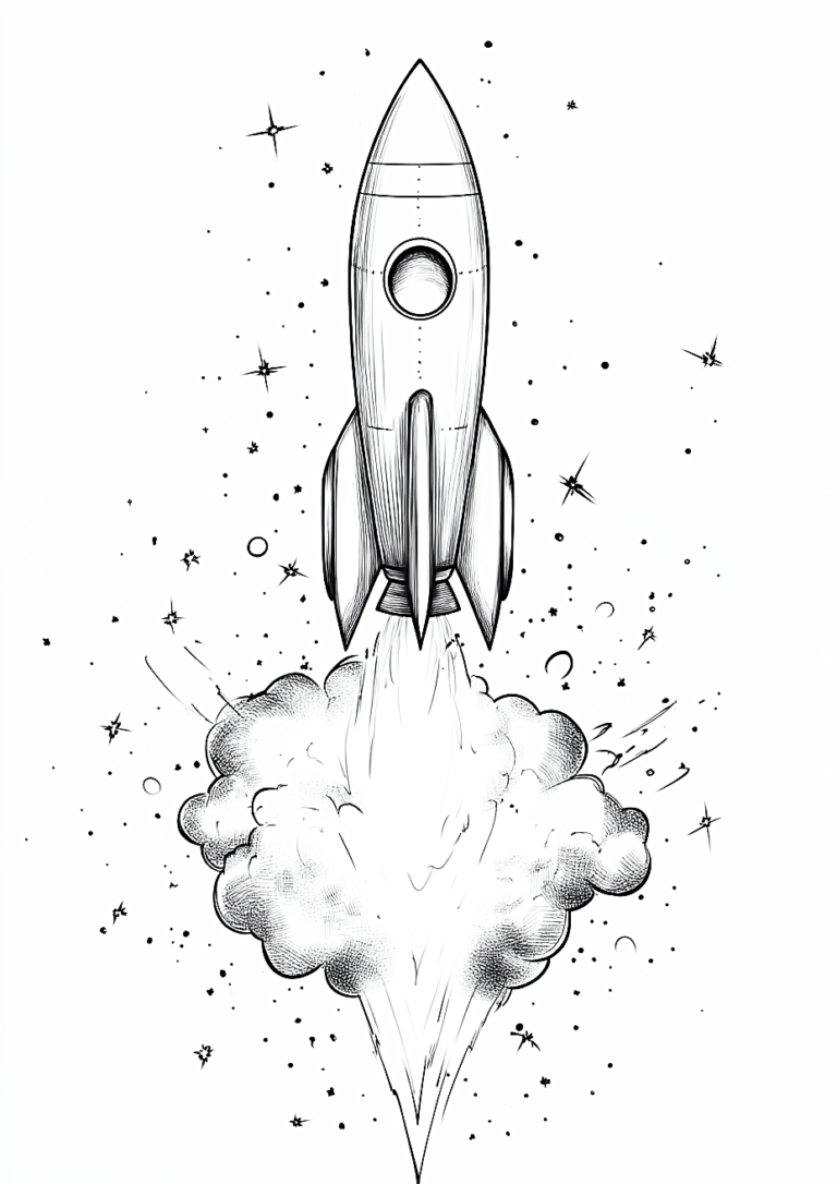 Dibujo para descargar y colorear de un cohete espacial con humo