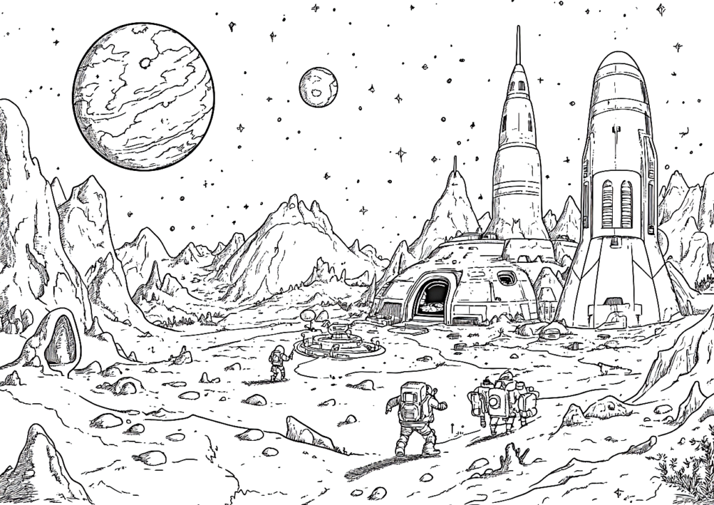 Dibujo para colorear de una ciudad espacial en un planeta extraterrestre
