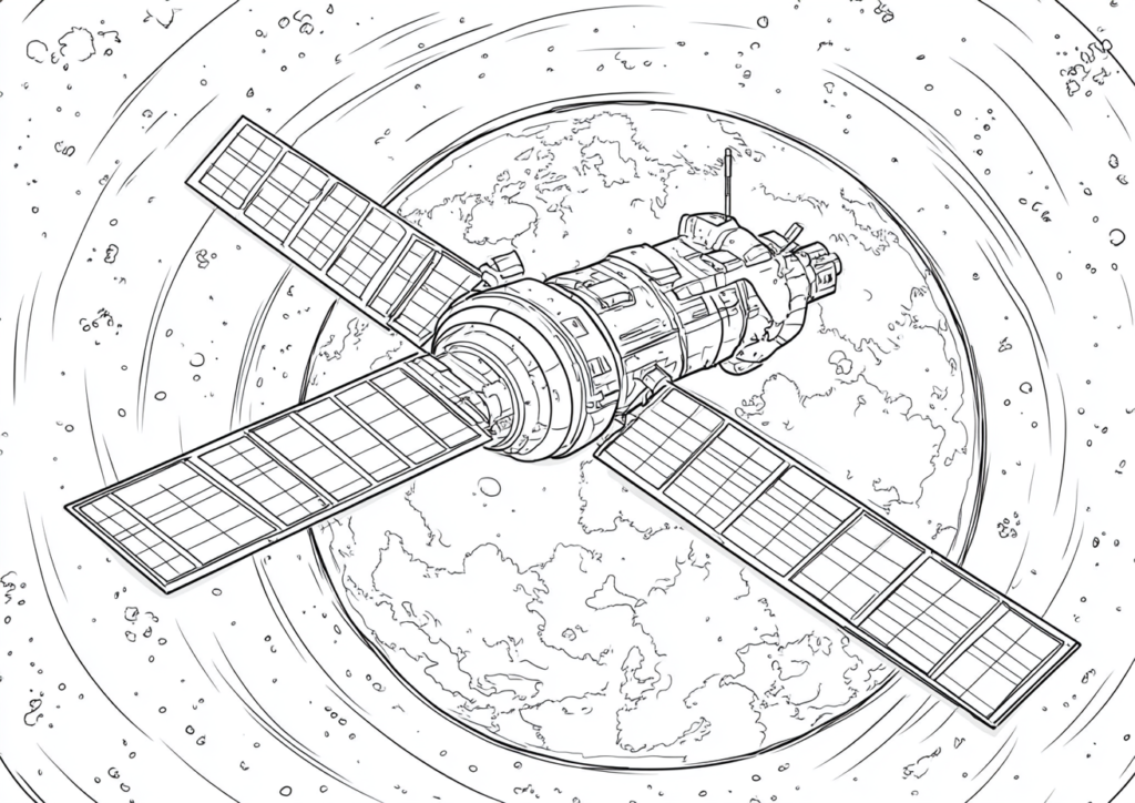 Dibujo para colorear de una estación espacial orbitando un planeta