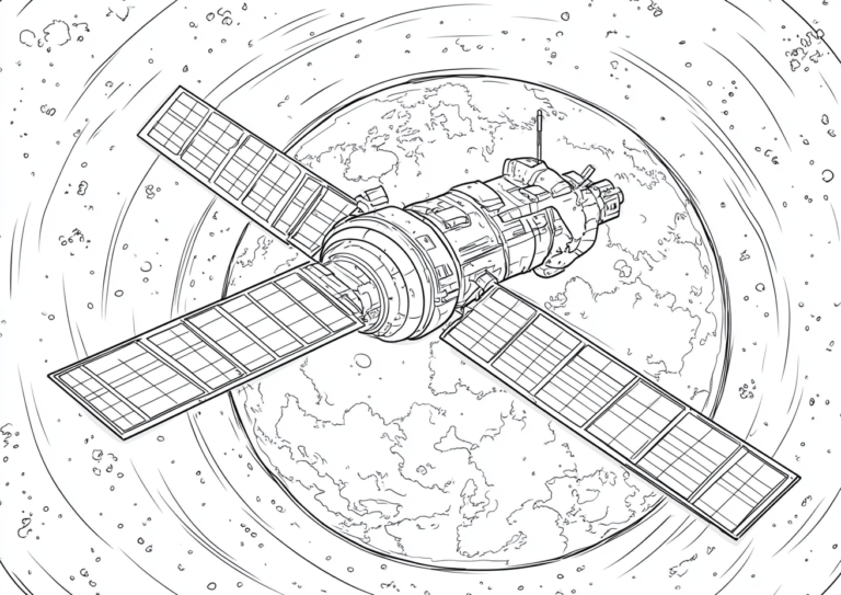 Dibujo para colorear de una estación espacial orbitando un planeta