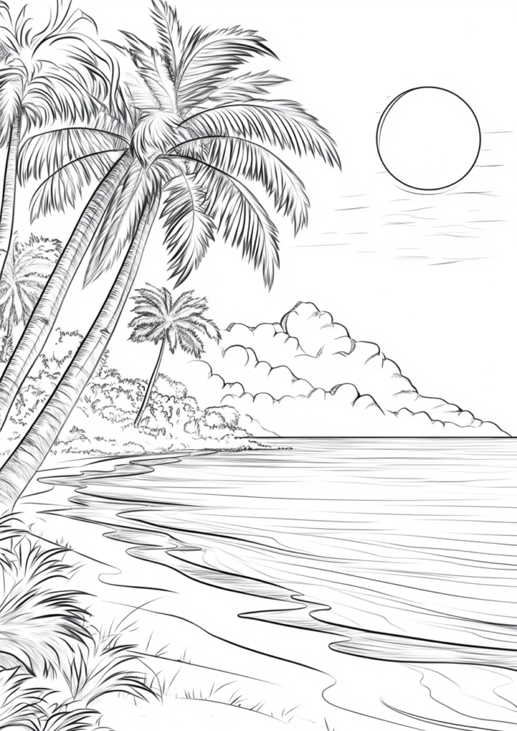Dibujo de una playa paradisíaca para descargar y colorear