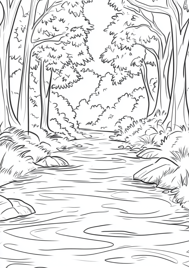 Dinujo para colorear de un río serpenteante en un bosque lleno de árboles