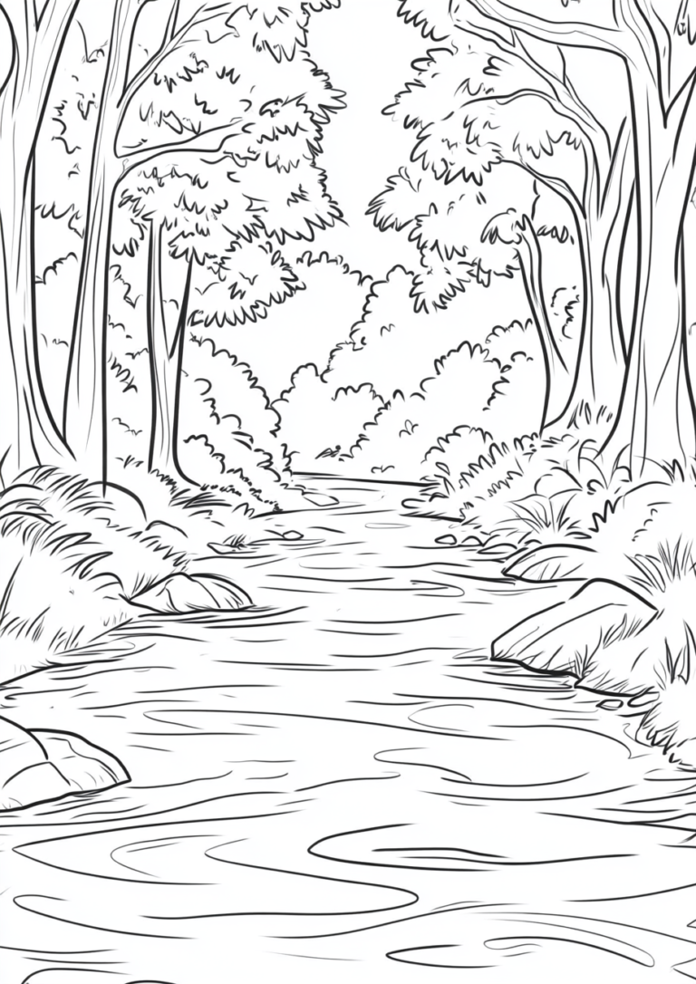 Dinujo para colorear de un río serpenteante en un bosque lleno de árboles