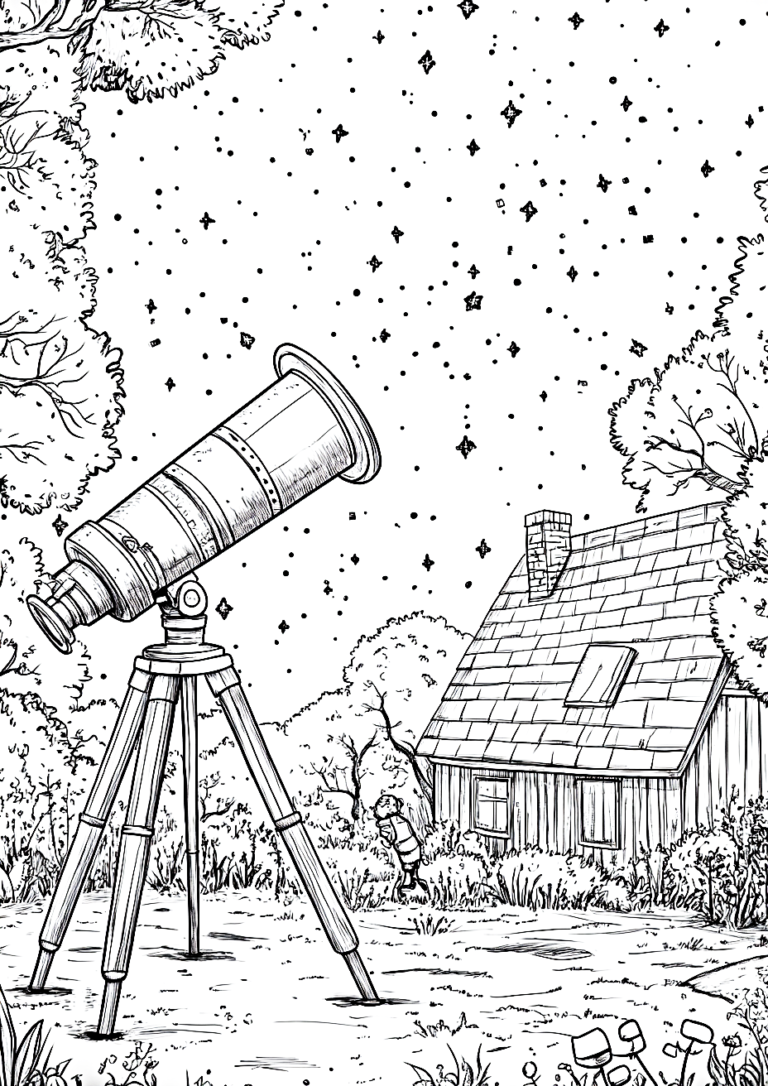 Dibujo para colorear de un telescopio en el jardín de una casa
