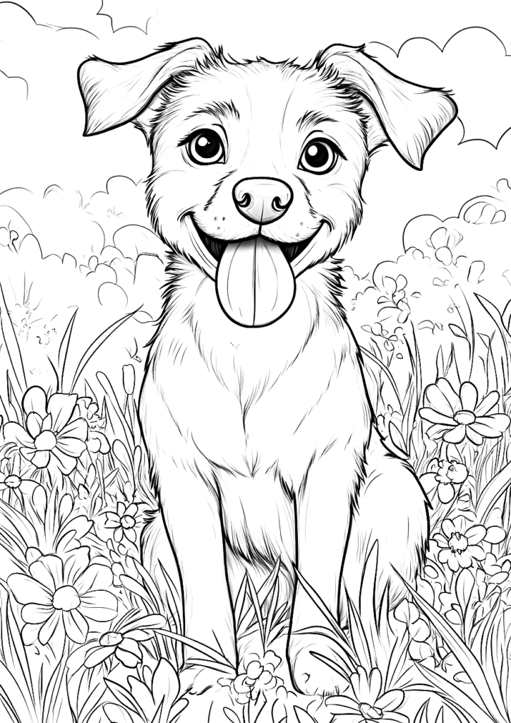 Perro en el parque adorable. Dibujo para colorear