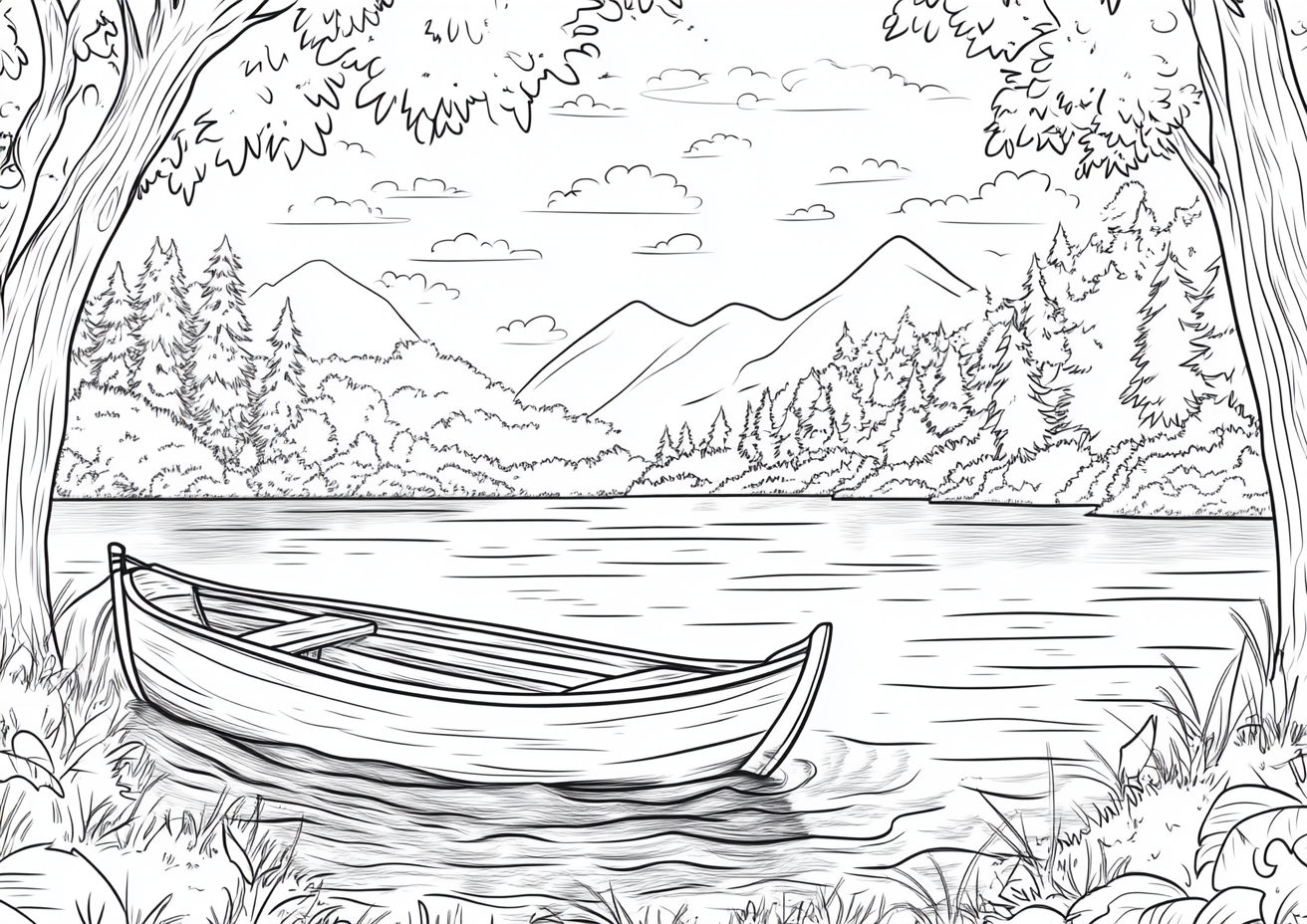 Dibujo para colorear de una barca en el lago