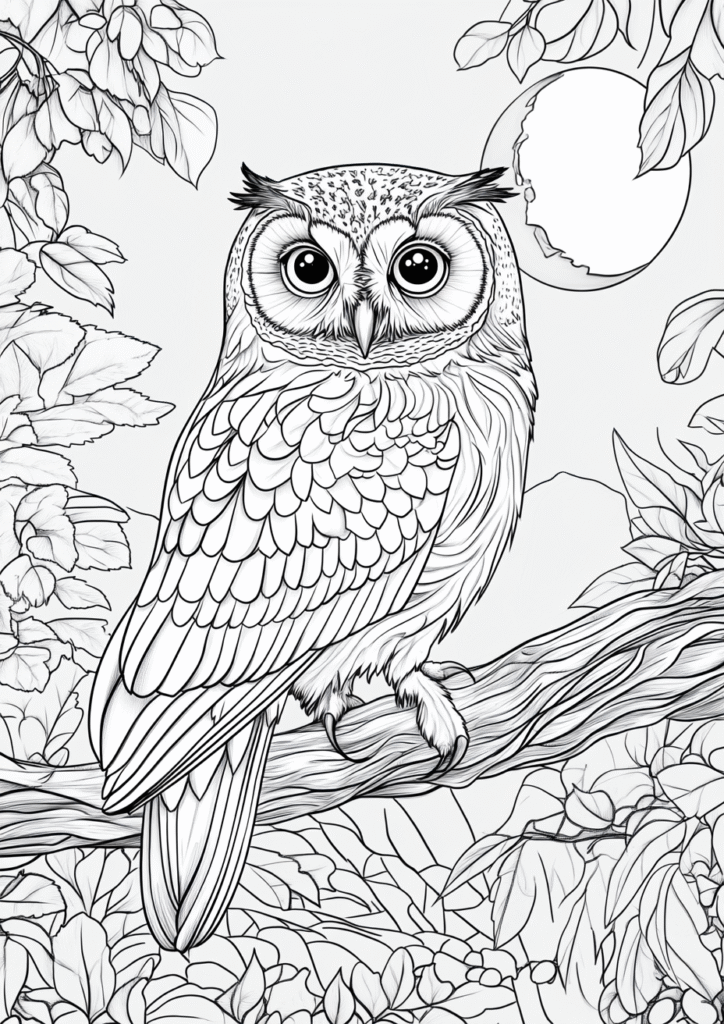 Dibujo de un buho en el bosque para colorear