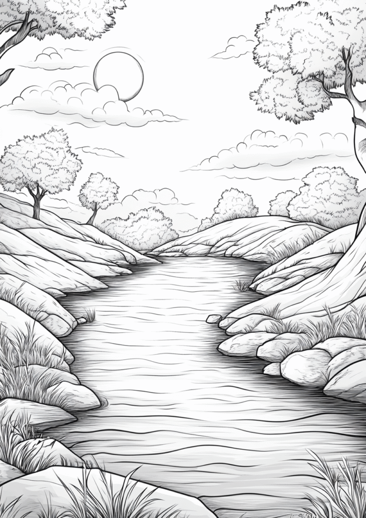 Dibujo para colorear de un rio en la sabana